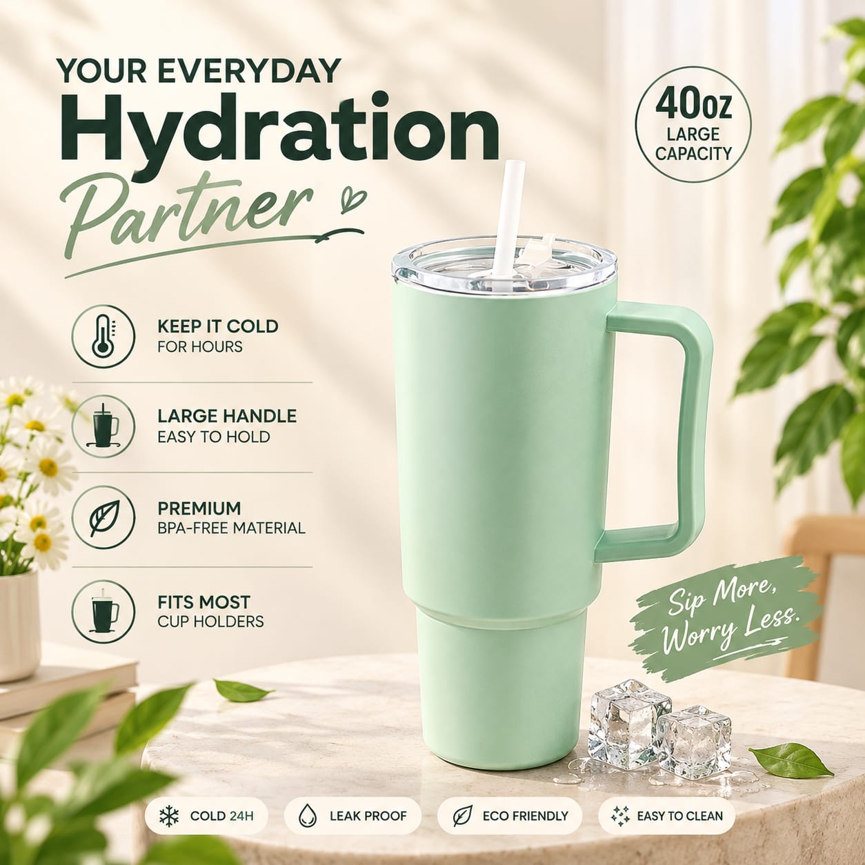 Green Tumbler 1800ml with Handle, Lid & Straw