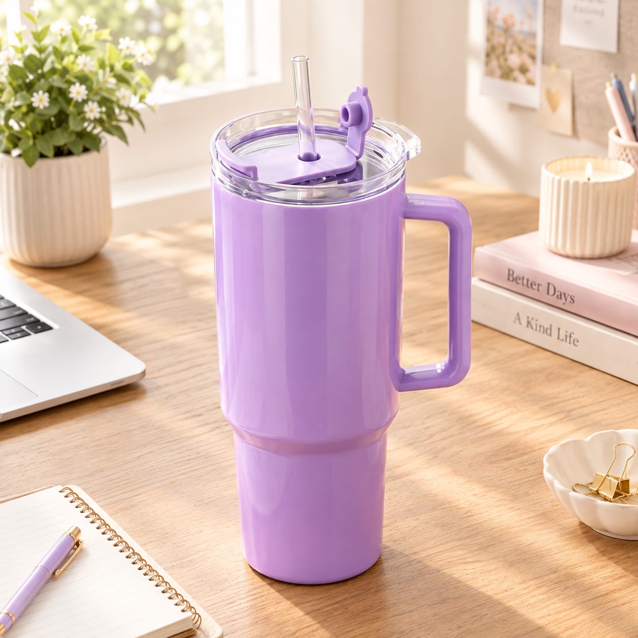 Lavender Purple Tumbler 1800ml with Handle, Lid & Straw