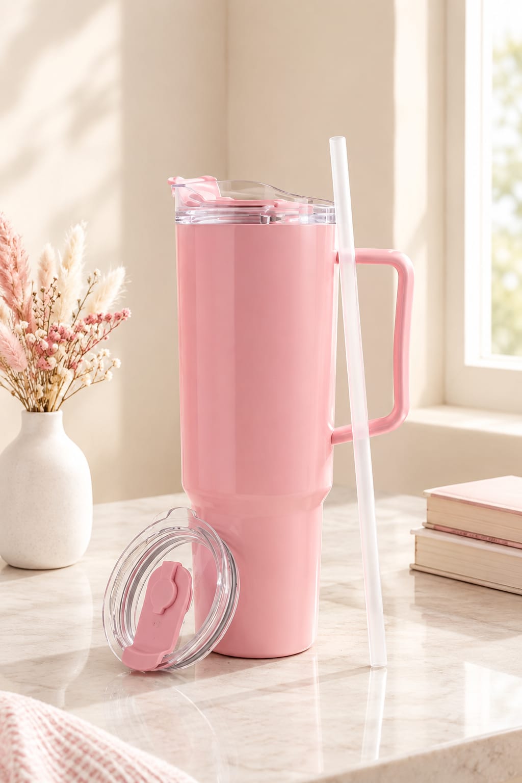 Pink Tumbler 1800ml with Handle, Lid & Straw