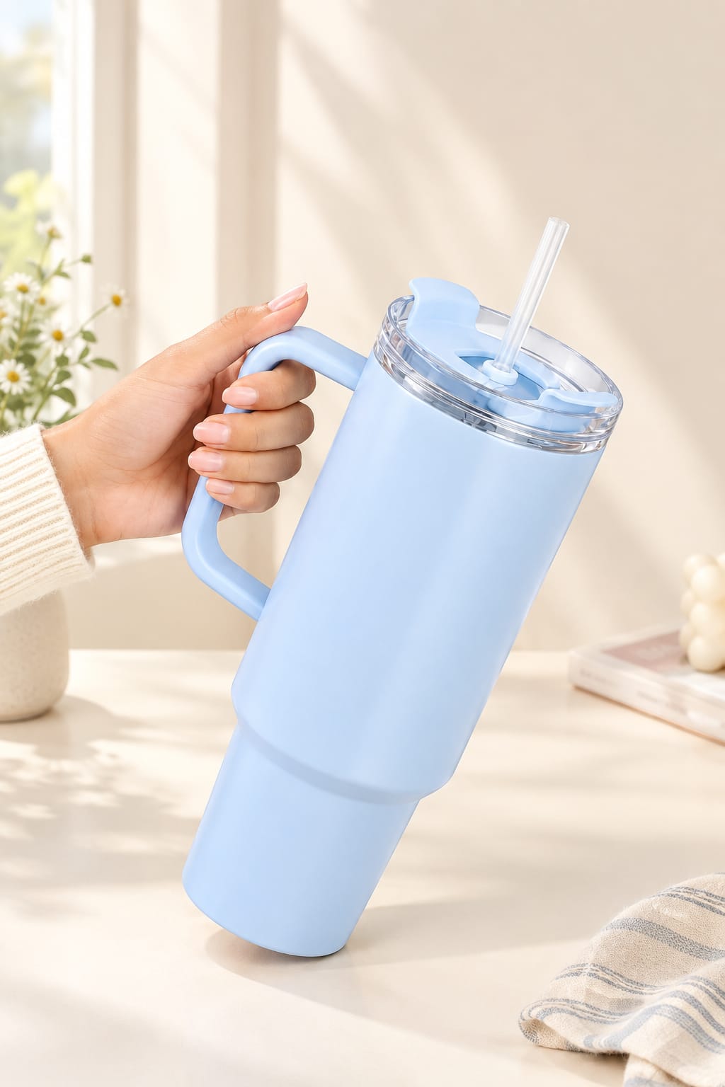 Kivos Powder Blue Tumbler with Handle & Straw